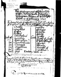 A Contemporary Report of the Essex-Southampton trial, showing Edward de Vere as highest-ranking earl on the tribunal 